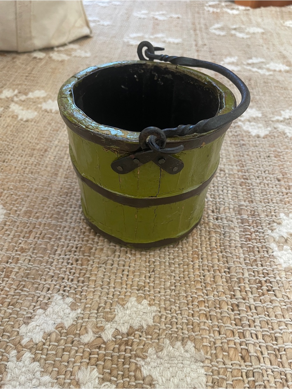 Antique Primitive Wooden Forged Iron Rice Berry Bucket green